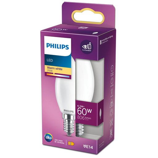 [8718699762698] PHILIPS Ampoule LED Flamme E14 60W Blanc Chaud Dépolie Verre l'unité