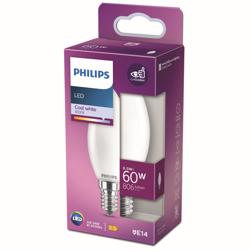 [8718699762711] PHILIPS Ampoule LED Flamme E14 60W Blanc Froid Dépolie Verre l'unité