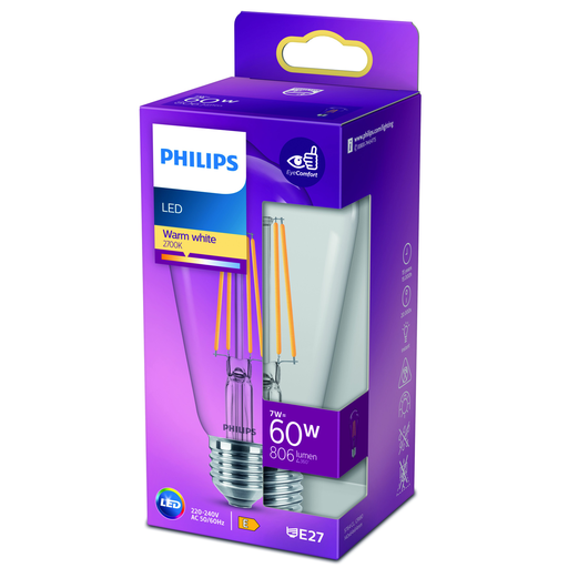 [8718699763053] PHILIPS Ampoule LED Edison E27 60W Blanc Chaud Claire Verre l'unité