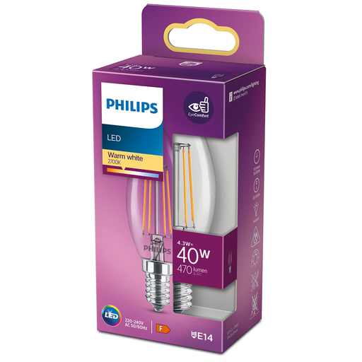 [8718699763077] PHILIPS Ampoule LED E14 flamme filament 40W blanc chaud l'unité