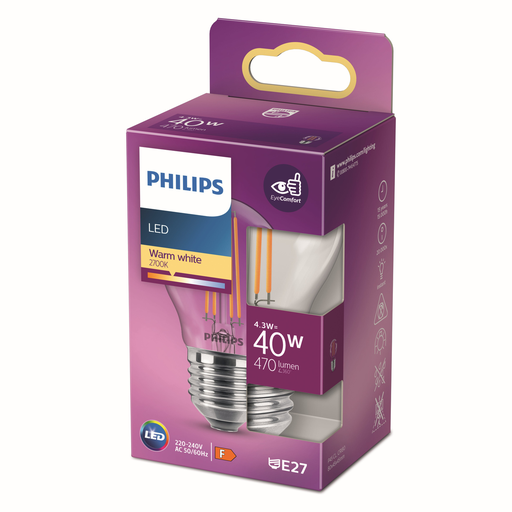 [8718699763176] PHILIPS Ampoule LED Sphérique E27 40W Blanc Chaud Claire Verre l'unité