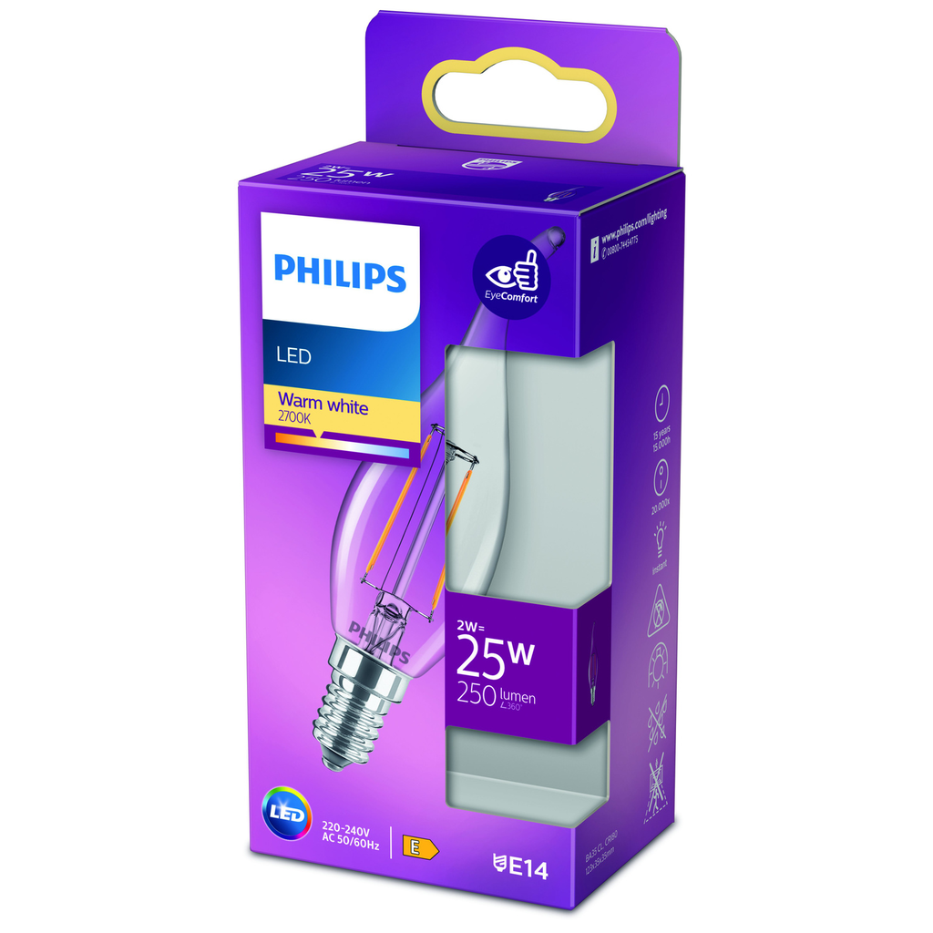 PHILIPS Ampoule LED Flamme coup de vent E14 25W Blanc Chaud Claire Verre l'unité