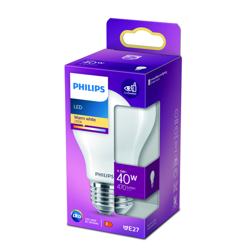 [8718699763312] PHILIPS Bombilla LED Estándar E27 40W Blanco Cálido Vidrio Esmerilado 1 unidad