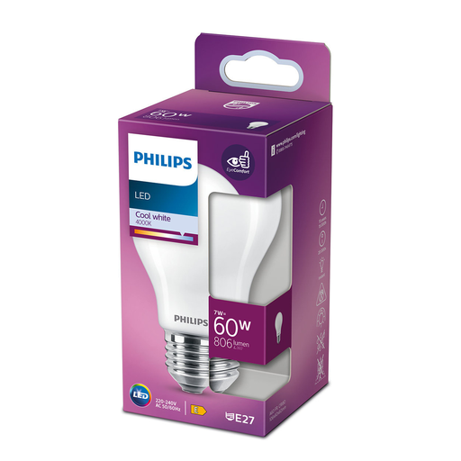 [8718699763350] PHILIPS LED Standard Bulb E27 60W Cool White Frosted Glass 1 unit