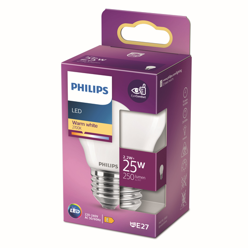 [8718699763459] PHILIPS Bombilla LED esférica E27 25W blanco cálido vidrio esmerilado, la unidad