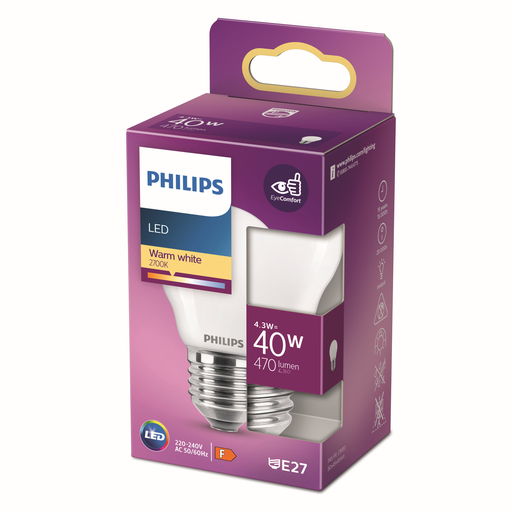 [8718699763473] PHILIPS Bombilla LED Esférica E27 40W Blanco Cálido Vidrio Esmerilado la unidad