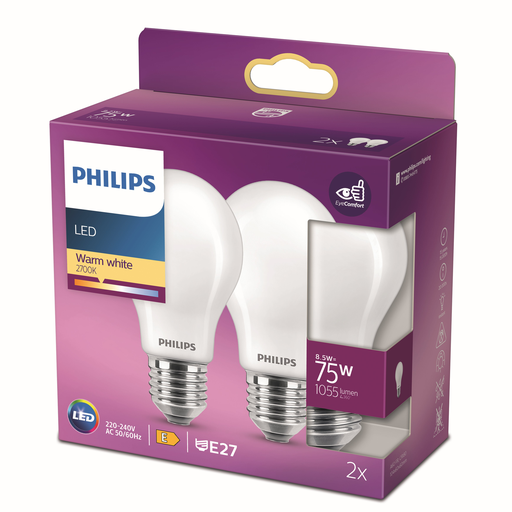 [8718699763633] PHILIPS LED Bulb E27 75 W Warm White pack of 2 bulbs