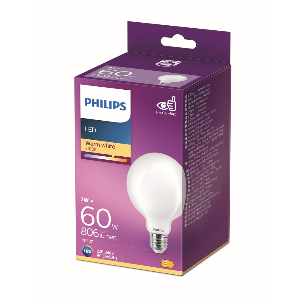 PHILIPS Bombilla LED E27 Globo Blanco Cálido 60W la unidad
