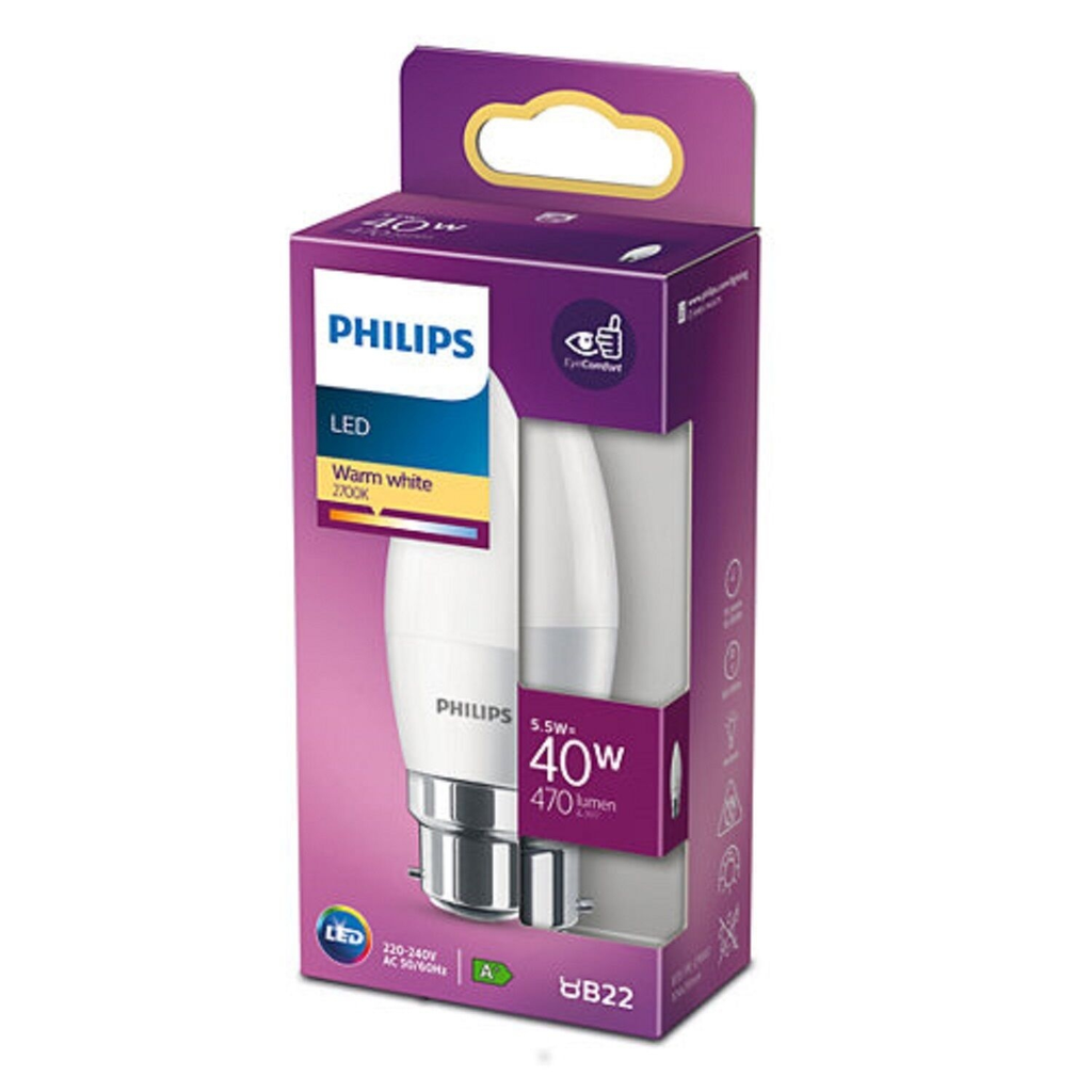 PHILIPS Ampoule LED B22 flamme 40W blanc chaud dépolie (L'unité)