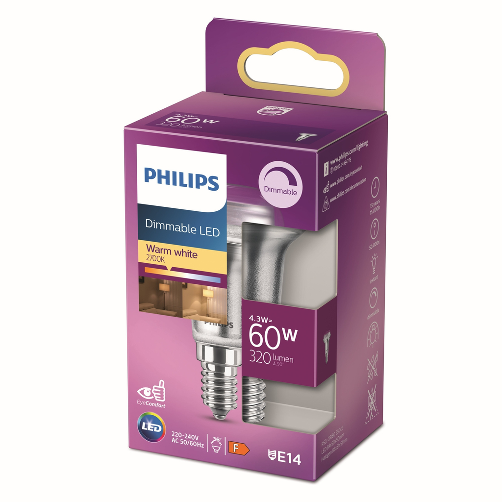 PHILIPS Bombilla LED Reflector R50 E14 60W Blanco Cálido Cristal - la unidad