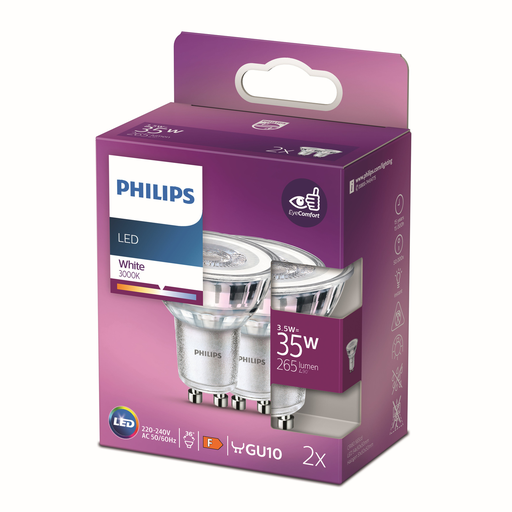 [8718699776237] PHILIPS 2 LED Spot Bulbs GU10 35W Neutral White Glass, pack of 2