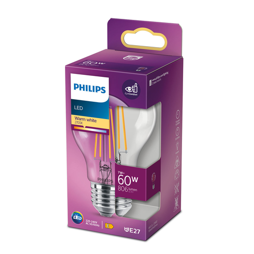 [8718699777579] PHILIPS LED Standard Bulb E27 60W Warm White Clear Glass Unit