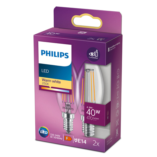[8718699777616] PHILIPS LED Candle Bulbs E14 40W Warm White Clear Glass pack of 2