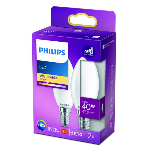 [8718699777692] PHILIPS 2 LED Candle Bulbs E14 40W Warm White Frosted Glass, pack of 2 bulbs