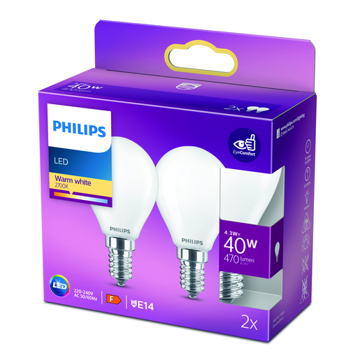 [8718699777715] PHILIPS LED Spherical Bulb E14 40W Warm White Frosted Glass pack of 2