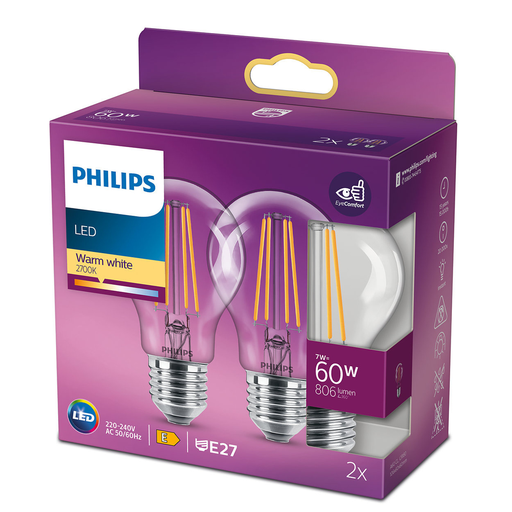 [8718699777739] PHILIPS LED Classic Bulb E27 60 W A60 pack of 2 bulbs
