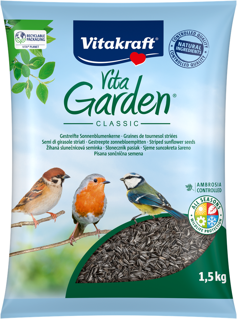 VITAKRAFT Semillas de Girasol Rayadas para Pájaros Garden Classic 1,5 kg