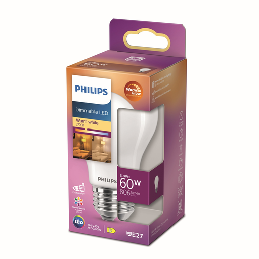 [8719514323858] PHILIPS LED Standard Bulb E27 60W Warm White Frosted Glass Dimmable, Single Unit