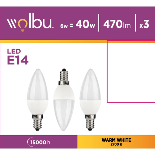 [8720039605930] WOLBU LED Bulb E14 Flame Warm White 6W 3-pack