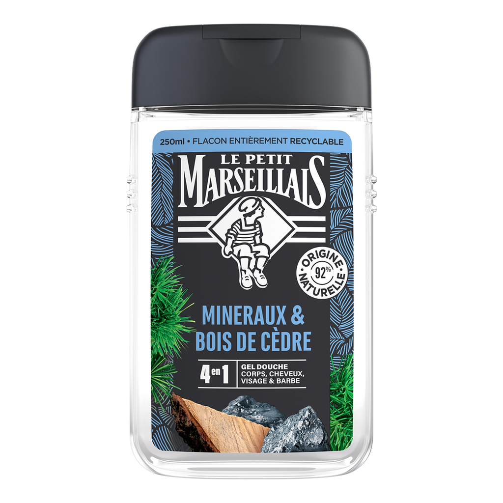 LE PETIT MARSEILLAIS RAFRAICHISSANT MINÉRAUX & BOIS DE CÈDRE 4EN1 GEL DOUCHE CORPS, CHEVEUX, VISAGE & BARBE 250ML
