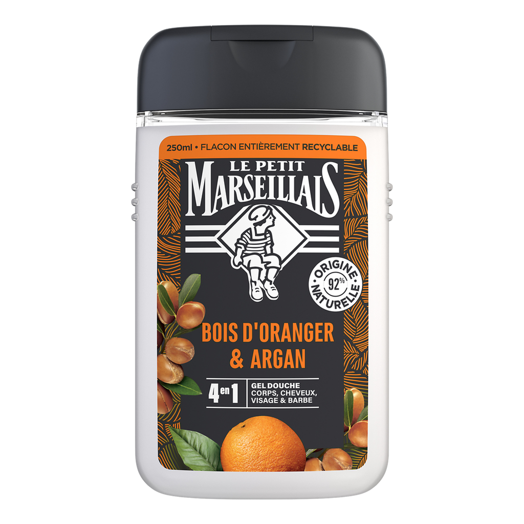 Le Petit Marseillais Énergisant Bois D'Oranger & Argan 4En1 Gel Douche Corps, Cheveux, Visage & Barbe 250Ml