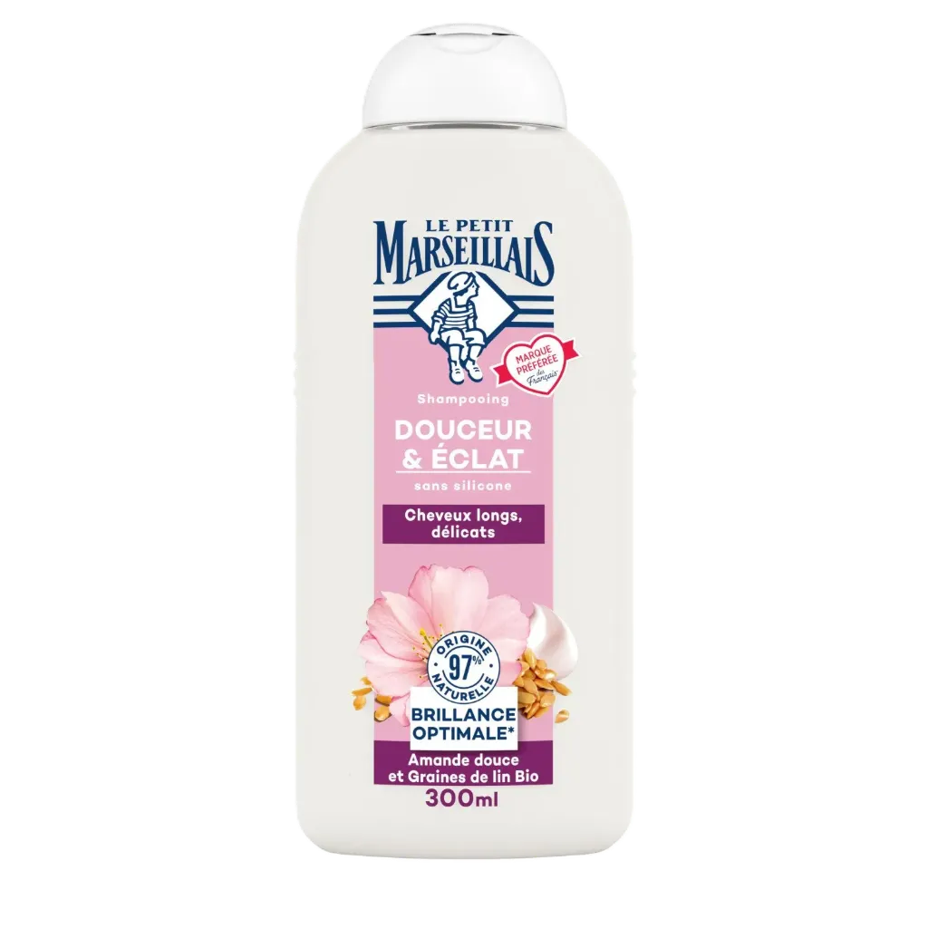 Le Petit Marseillais Shampooing Douceur & Éclat  Sans Silicone  Cheveux Longs, Délicats Amande Douce Et Graines De Lin Bio 300Ml