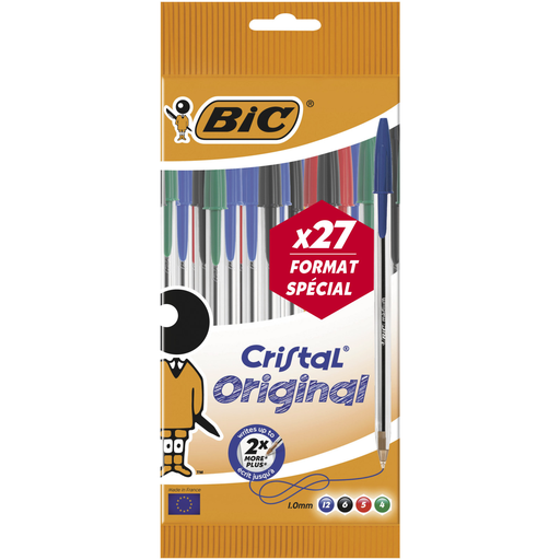 [3086126774558] BIC Cristal Original Ballpoint Pen Medium Point Assorted Colors, pack of 27