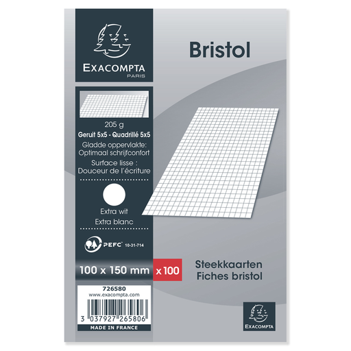 [3037927265806] EXACOMPTA 100 Fiches Bristol Blanches Non Perforées 100X150 5X5 P.E.F.C. 205 g Le lot de 100 fiches bristol