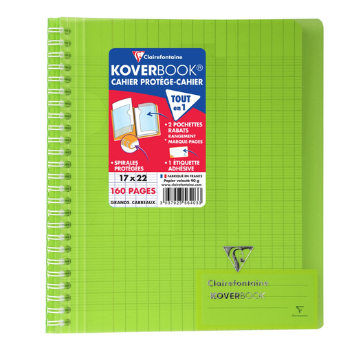 [3037923564033] CLAIREFONTAINE Koverbook Cahier Spirale Enveloppante 170x220 160 Pages Seyes Vert