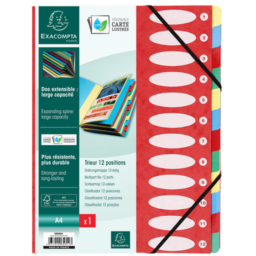 [3037920656243] EXACOMPTA Clasificador de fuelle 12 posiciones 24,5x31,5 cm, rojo