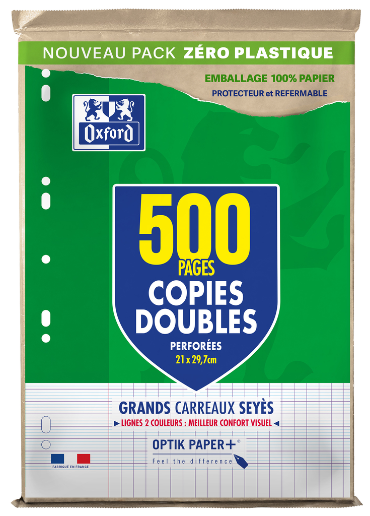 OXFORD Hojas dobles perforadas 21x29,7cm Cuadrícula grande, el lote de 500 hojas dobles