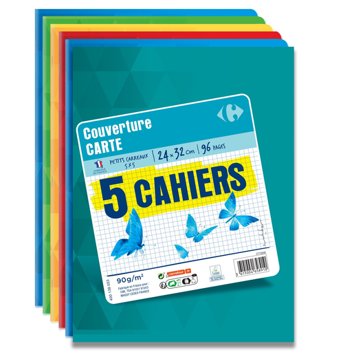 [3615004658910] CARREFOUR Cahier 24 x 32cm 96 pages Petits carreaux le lot de 5 cahiers