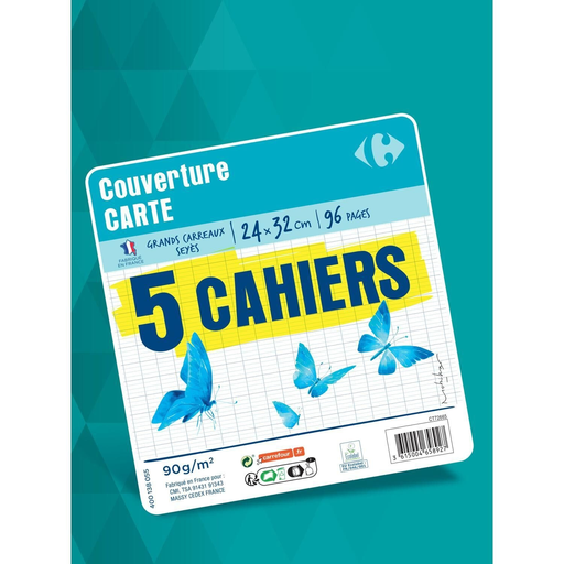 [3615004658927] CARREFOUR Cahiers 24x32cm Grands carreaux 96 pages le lot de 5 cahiers