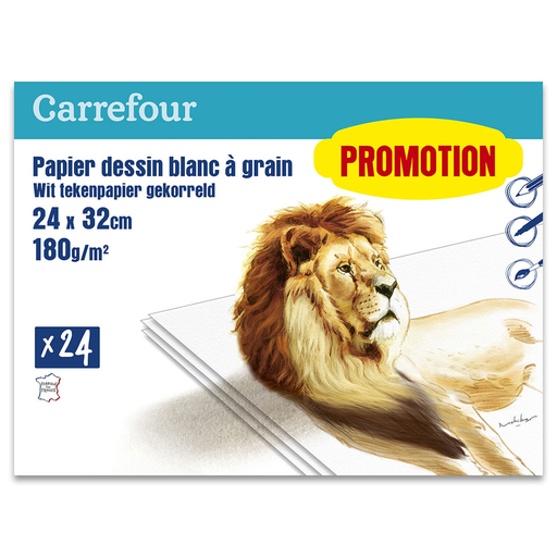 [3608142034296] CARREFOUR Papel de dibujo blanco de grano 24x32cm 180g
