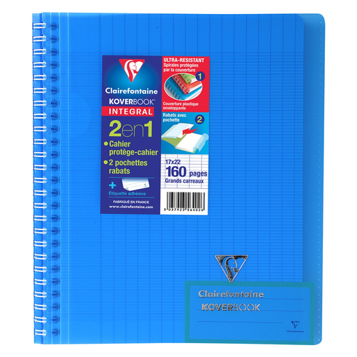 [3037923564026] CLAIREFONTAINE Koverbook Notebook Spiral Wrap-around 170x220 160 Pages Seyes 90g Blue