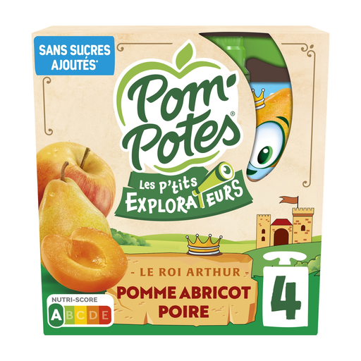 [3021761208174] POM'POTES Fruit Pouches Les P'tits Explorateurs King Arthur apple apricot pear 4x90g