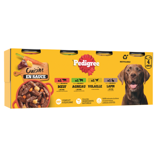 [3065890152830] PEDIGREE Pâtée pour chien Adulte au bœuf, à l'agneau, au lapin & à la volaille 4x400g