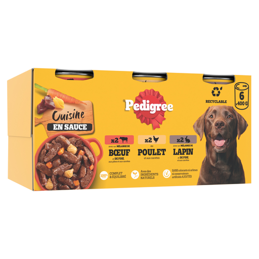 [3065890152878] PEDIGREE Comida húmida para cão frango, coelho e vaca em molho 6 x 400 g