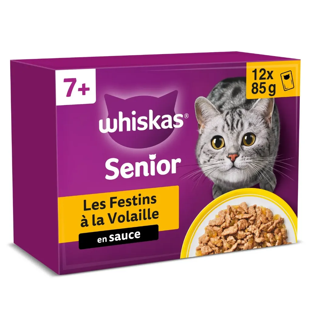 Whiskas Pâtée Pour Chat Sénior En Sauce Volaille Poulet Canard Dinde Les Festins 12X85G