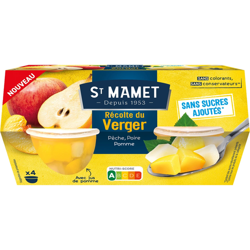 [3080920996390] SAINT MAMET Coupelles de fruits récolte du verger pêche poire pomme 4x113g