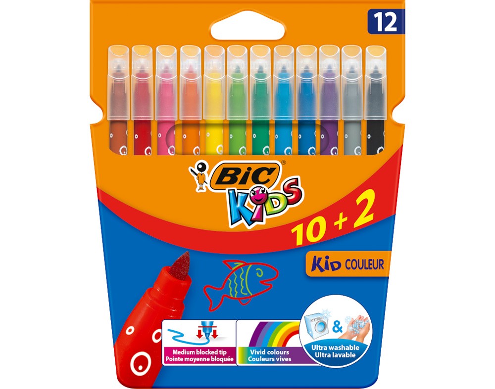 12 Feutres Coloriage Kids Couleurs Lavable Bic