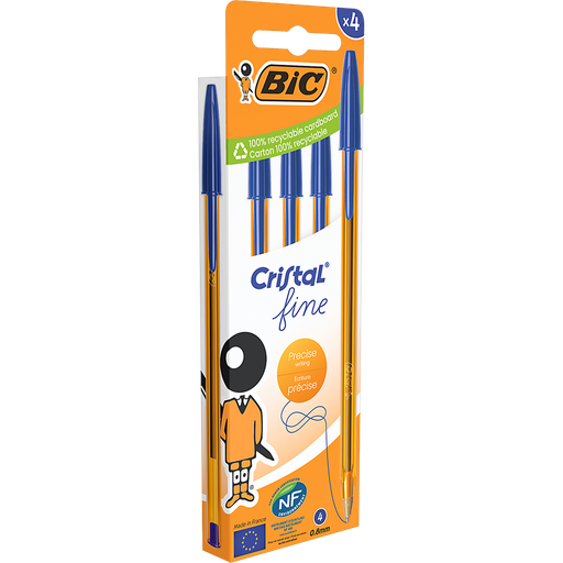 [3086123734609] BIC Cristal Original Fine Ballpoint Pen 0.8mm Blue, pack of 4