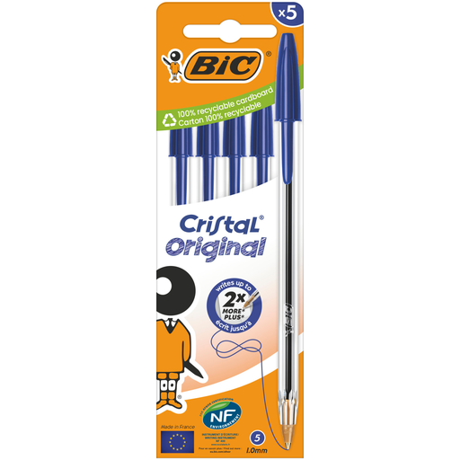 [3086123734661] BIC Cristal Original Stylos-Bille Pointe Moyenne 1,0mm Bleu, le lot de 5 stylos