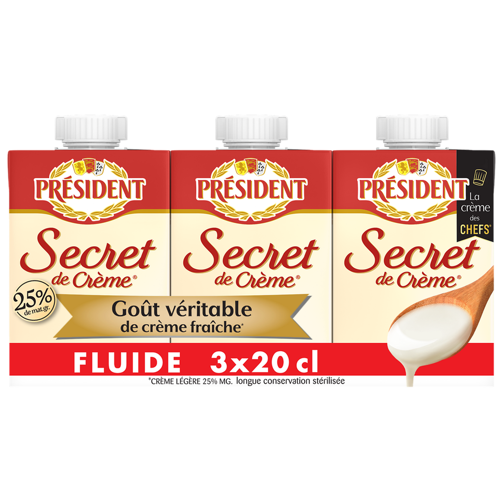 PRESIDENT Natas UHT fluidas Secret de Crème 25% MG 3x20cl