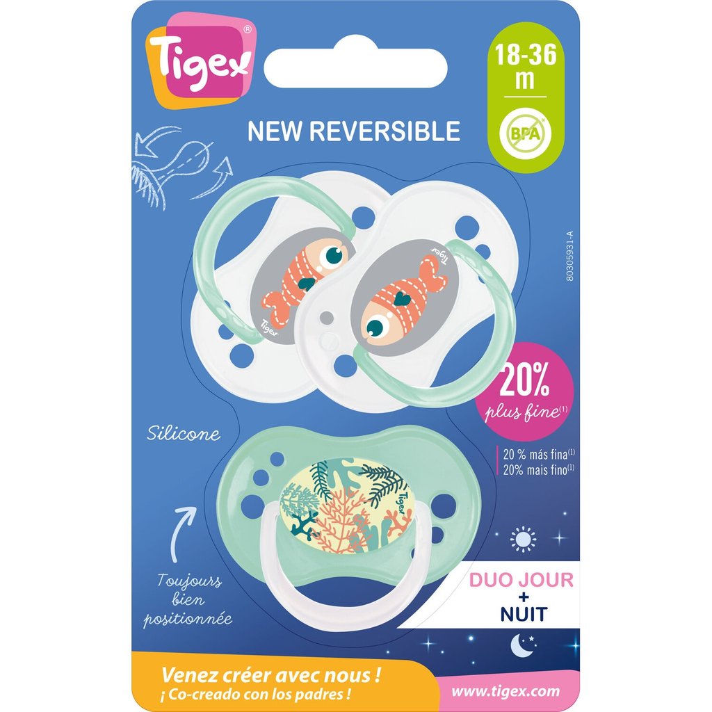 TIGEX Chupetes New Reversible Día y Noche Silicona 18-36m el lote de 3