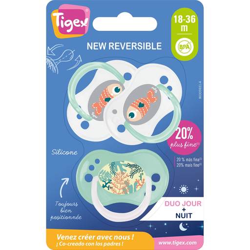 [3159921227830] TIGEX Sucettes New Reversible Jour et Nuit Silicone 18-36m le lot de 3