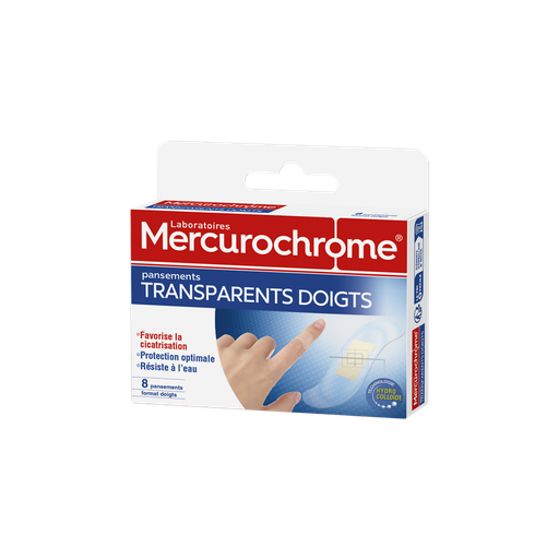 [3160920502538] MERCUROCHROME Apósitos Transparentes para Dedos Hidrocoloide, caja de 8 apósitos