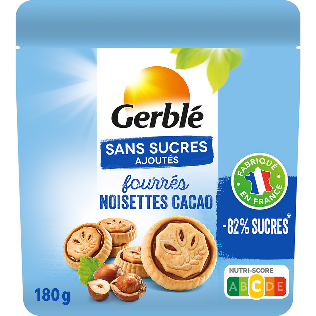GERBLE Biscuit fourré cacao noisettes sans sucres ajoutés 180 g