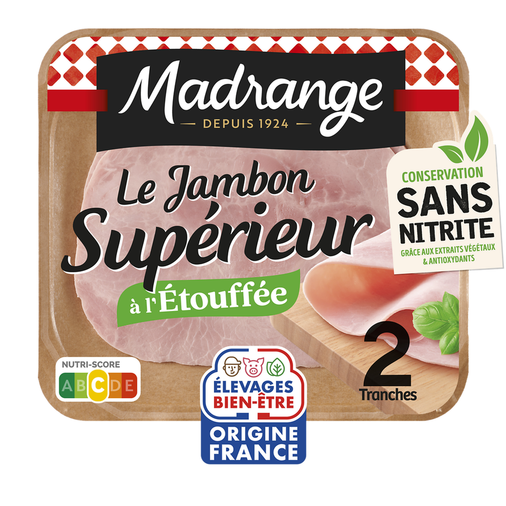 MADRANGE Jambon supérieur à l'étouffée sans couenne, sans nitrite 2 tranches 80 g
