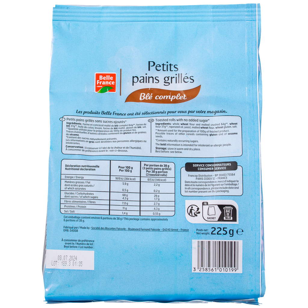 BELLE FRANCE Pãezinhos Tostados Trigo Integral 225 g